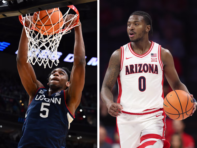 A diptych image showing Tarris Reed Jr. and Jaden Bradley on the basketball court.