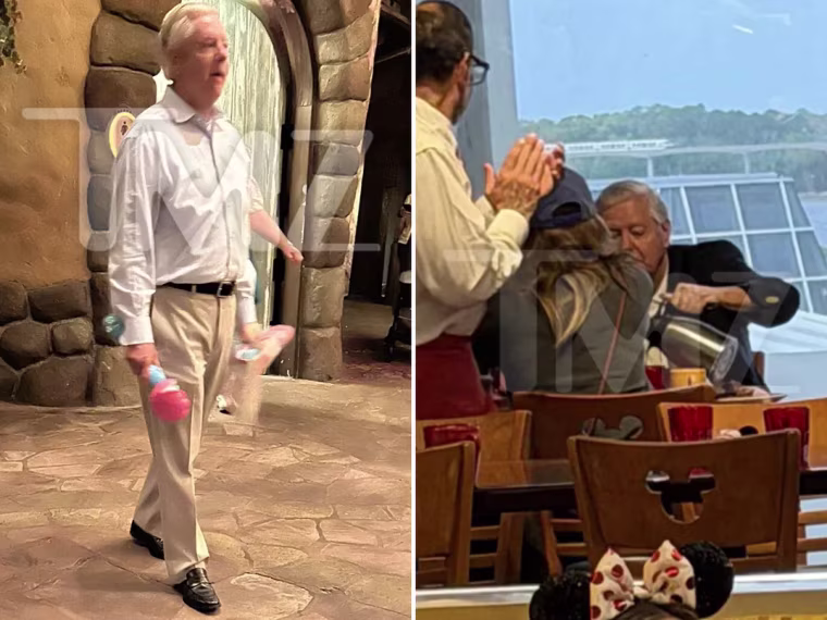 A split composite image showing Lindsey Graham walking, left, and seated during a meal
