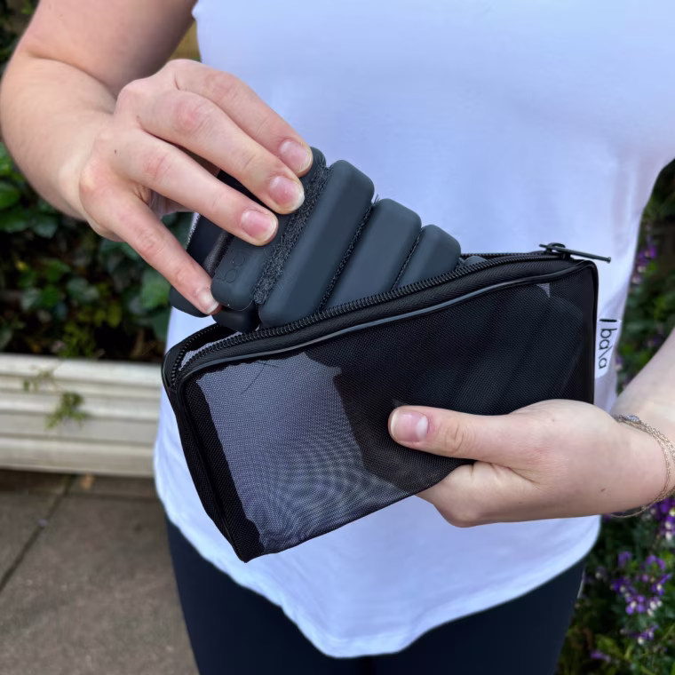 Each pair of Bala Bangles comes with a zippered mesh carrying case, which makes them easy to store and pack while I’m traveling.