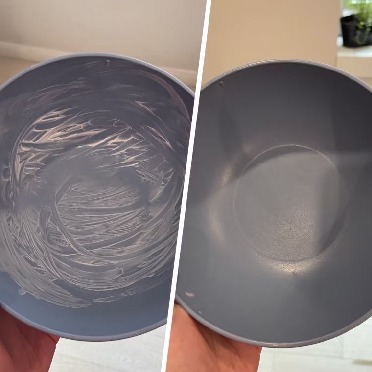 Before and after using Dawn's dish soap on dried yogurt