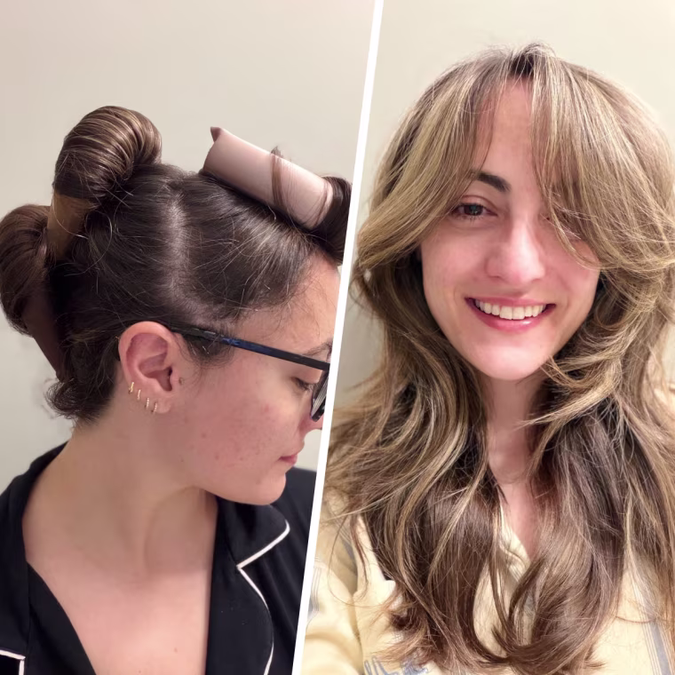 Kitsch Satin Jumbo Flexi Rods Hair Rollers during use (left) and after (right).
