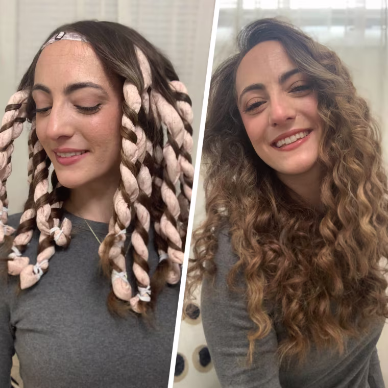 Original Octocurl Heatless Curling System in use (left) and after (right).
