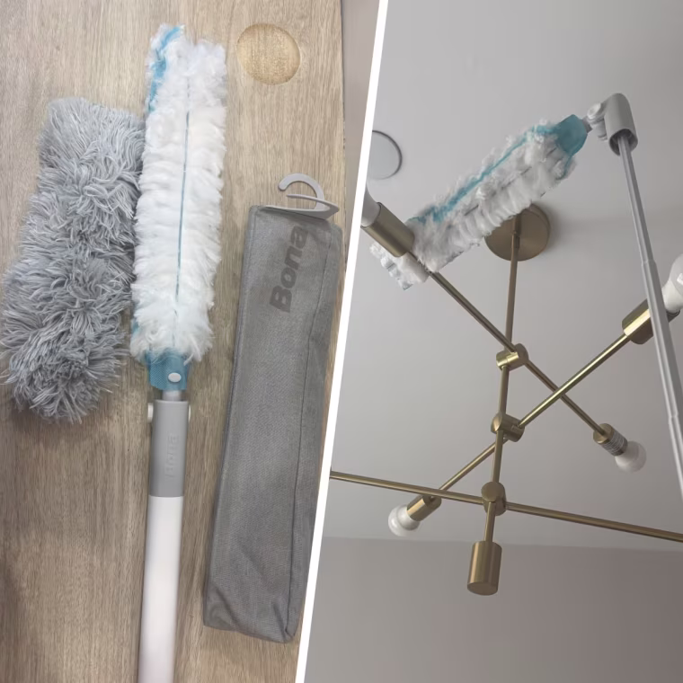 The duster has a reusable head (left in grey) along with a disposable head (right on the device).