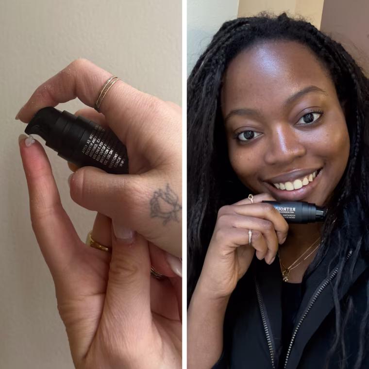 Side by side of woman holding lip serum and applying it to lips