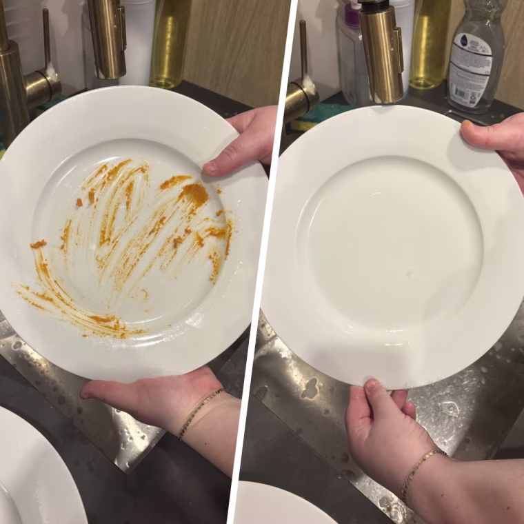 Before and after using Seventh Generation's dish soap on sauce