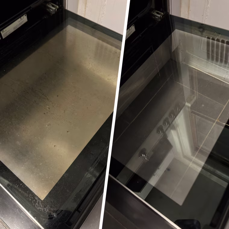 An oven door before (left) and after (right) cleaning with The Pink Stuff Miracle Squeezable Cleaning Paste.