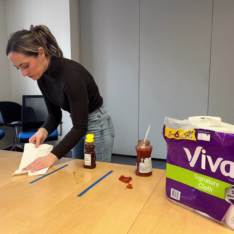 Each paper towel's cleaning performance was tested on three food messes: ketchup, honey and salsa.
