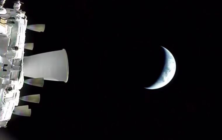 A view of the Earth from NASA’s Orion spacecraft as it orbits above the planet during the Artemis II test flight.