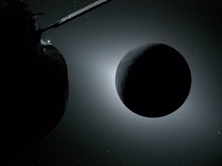 The moon, illuminated only partially, and the Orion spacecraft capsule.