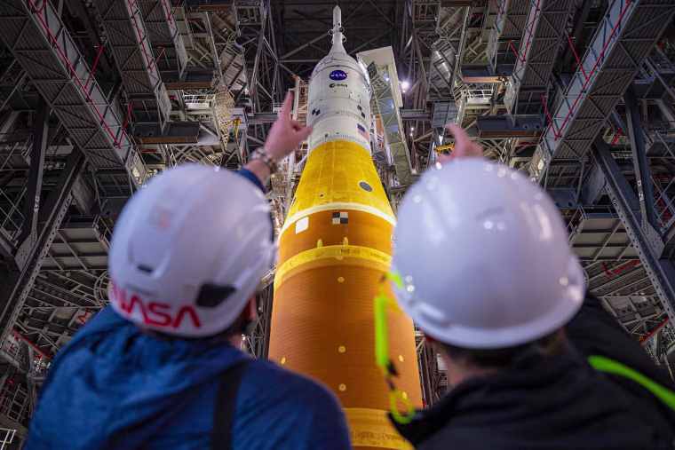 NASA’s Artemis II SLS (Space Launch System) rocket and Orion spacecraft are seen, Friday, Jan. 16, 2026, inside the Vehicle Assembly Building at NASA’s Kennedy Space Center in Florida.