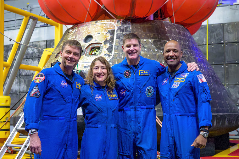 NASA astronauts Reid Wiseman, commander; left, Christina Koch, mission specialist; CSA (Canadian Space Agency) astronaut Jeremy Hansen, mission specialist; and NASA astronaut Victor Glover.
