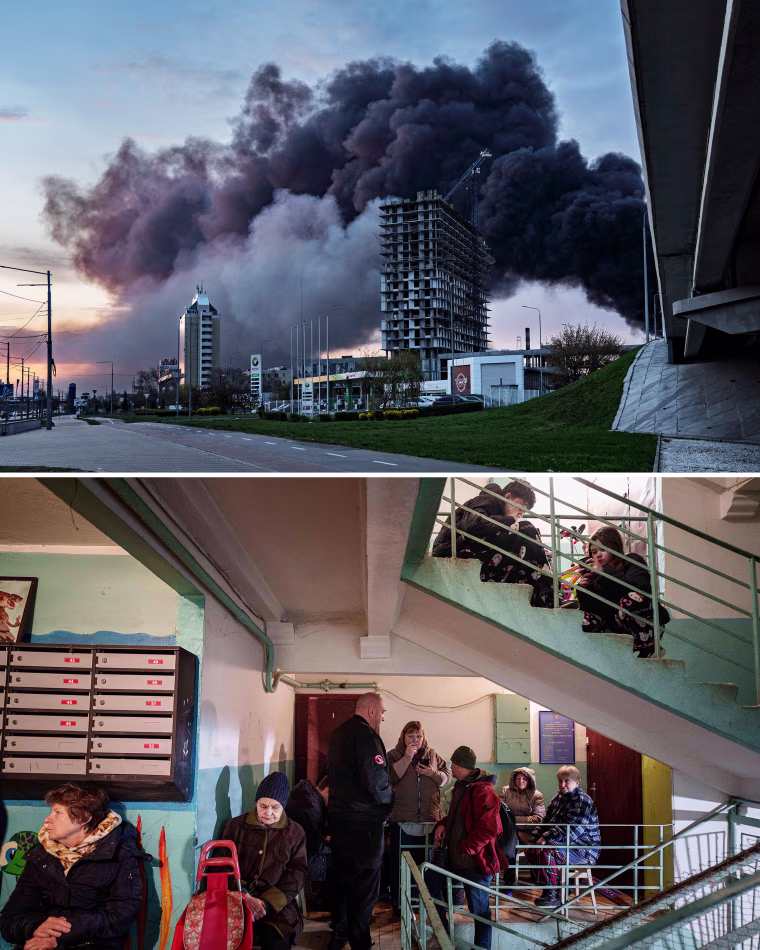 Smoke rises over Kyiv following a Russian strike, top, and people take shelter in a damaged house in Kyiv, both Thursday.