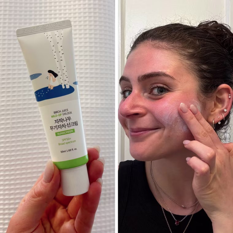 A photo of the Beauty of Joseon bottle alongside a photo of a woman applying sunscreen to the side of her face.