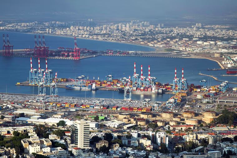 Image: A wide shot photo of the Israeli port city of Haifa.
