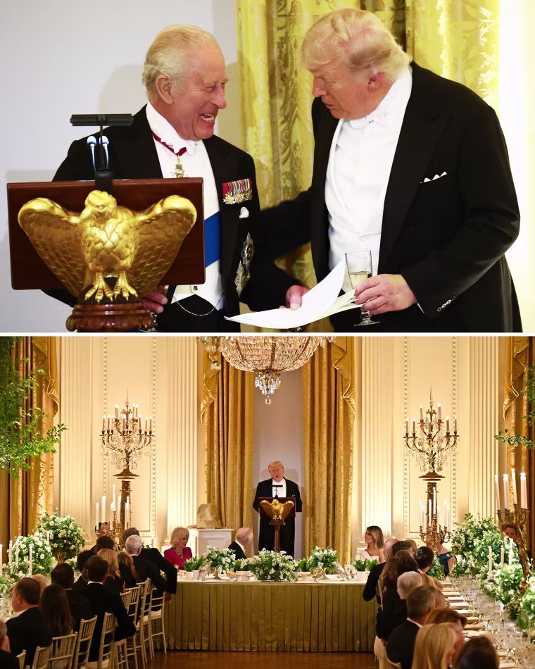 Trump and Charles during a state dinner in the East Room of the White House on Tuesday.