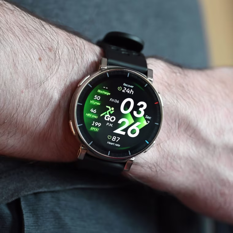 A close up of the Amazfit Active 3 Premium on the wrist of the writer.
