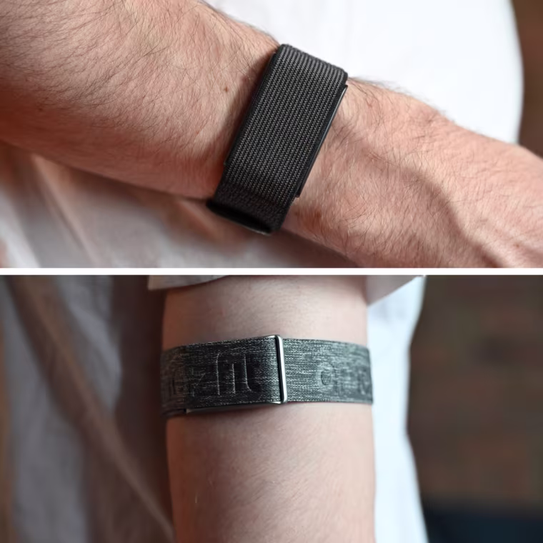 A split-image of the Amazfit Helio Strap on the wrist and bicep of the writer.