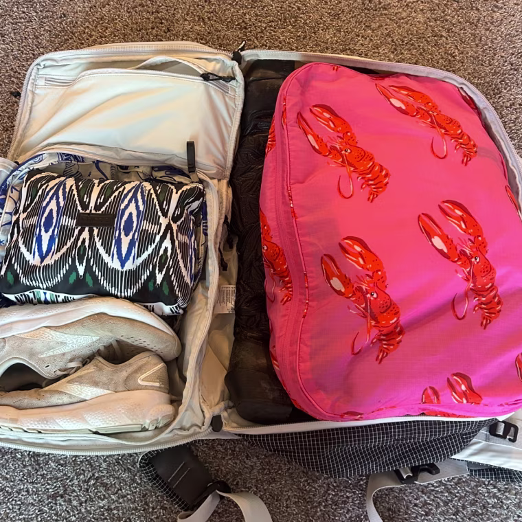 The Matador backpack fully packed and ready for my trip.