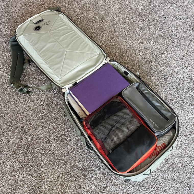 The Peak Design bag packed for a weekend trip.