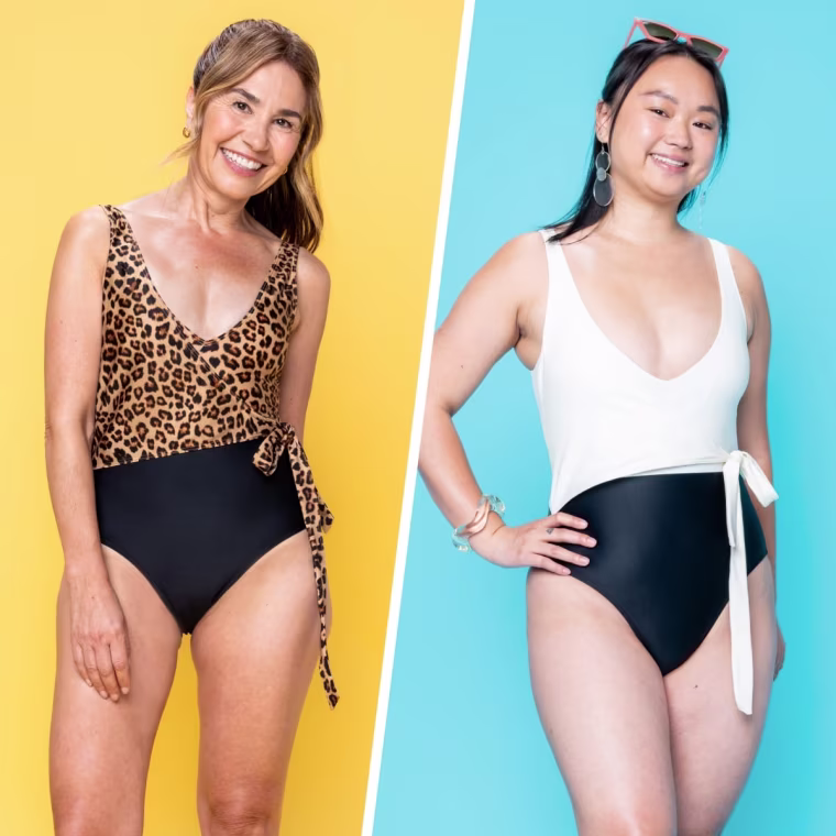Summersalt The Perfect Wrap One Piece in Leopard (left) and Sea Urchin & White Sand (right).