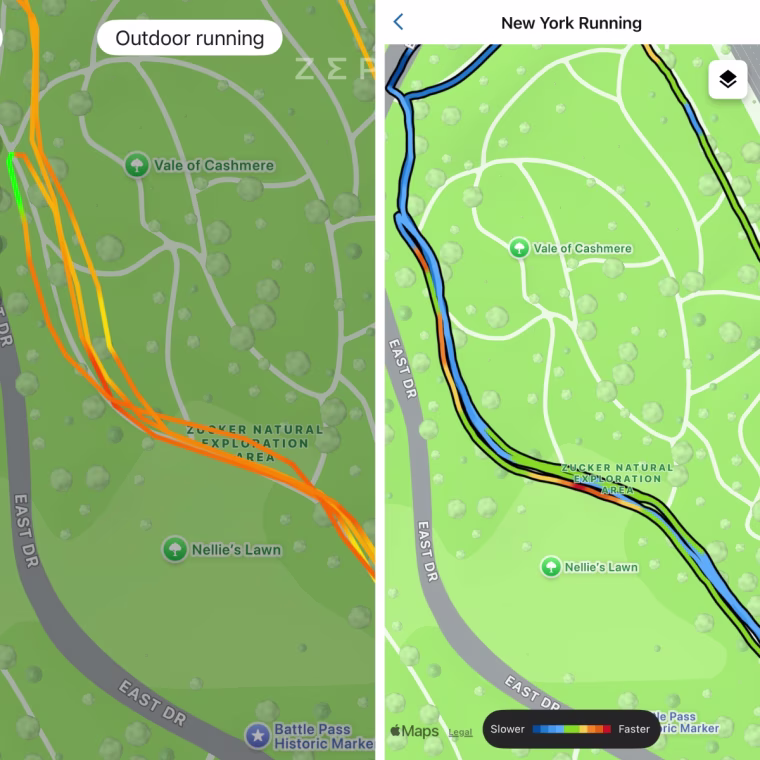 A side-by-side screenshot of Amazfit GPS mapping data next to Garmin GPS mapping data.