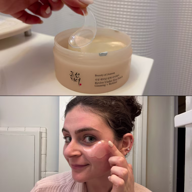 Left: Malin picking up one of the undereye wings. Right: Malin applying the patches to her undereyes.