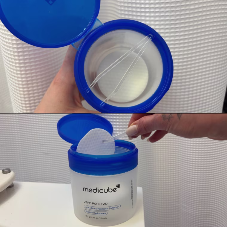 Left: Malin picking up one of the pads with the included applicator. Right: Malin applying Medicube pad to the side of her face.