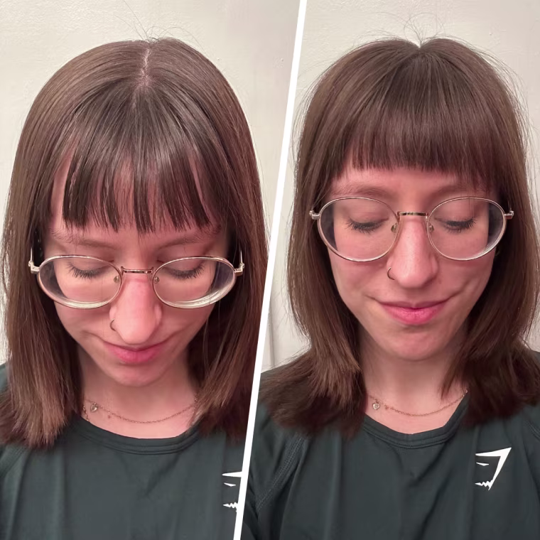 Social media video producer Dani Musacchio before and after applying the R+Co Badlands Dry Shampoo Paste to her bangs.