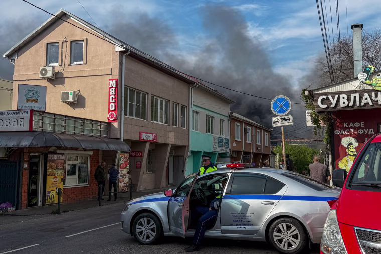 Russian police officers secure an area of Tuapse on April 29, 2026.