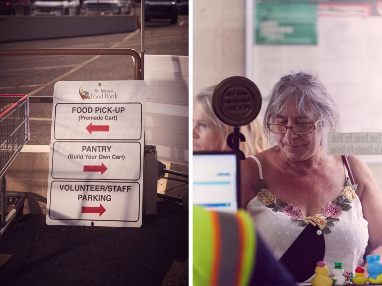 Dawn Savinski, 62, checked in with a volunteer at St. Mary’s Food Bank.