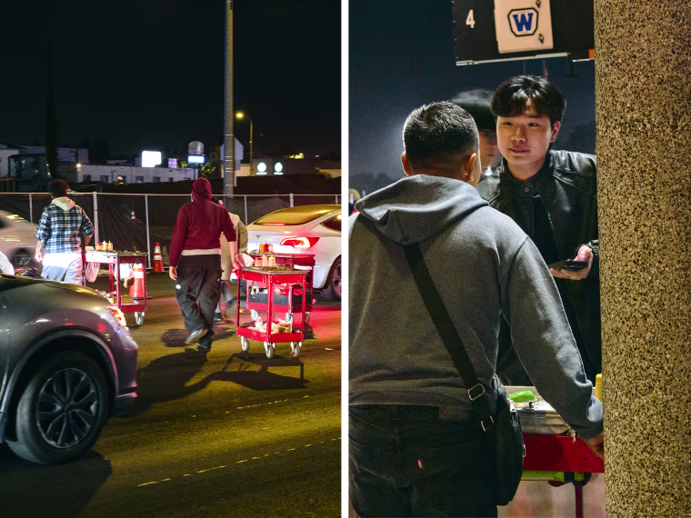 A split composite image of vendors walking carts across a street between cars, left, and a vendor selling food to a patron