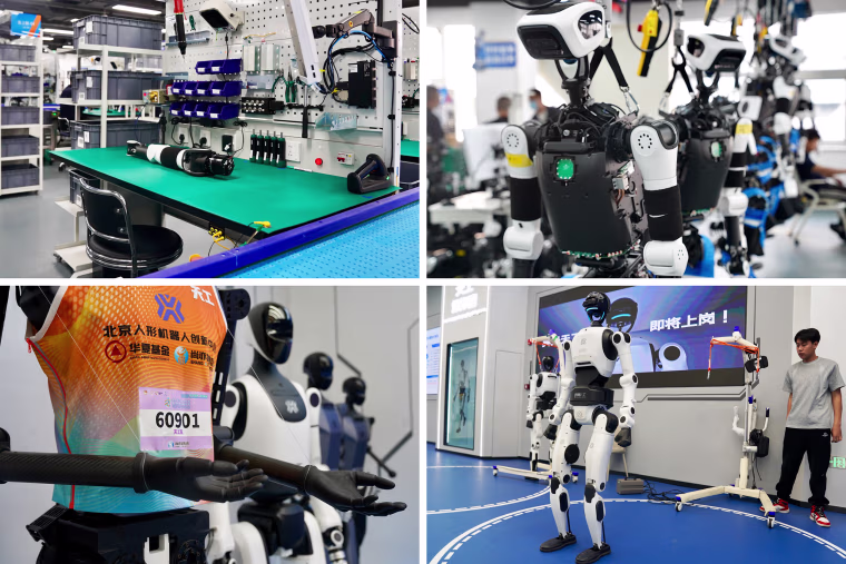 The X-Humanoid robotics lab, top, and humanoids on display, below.