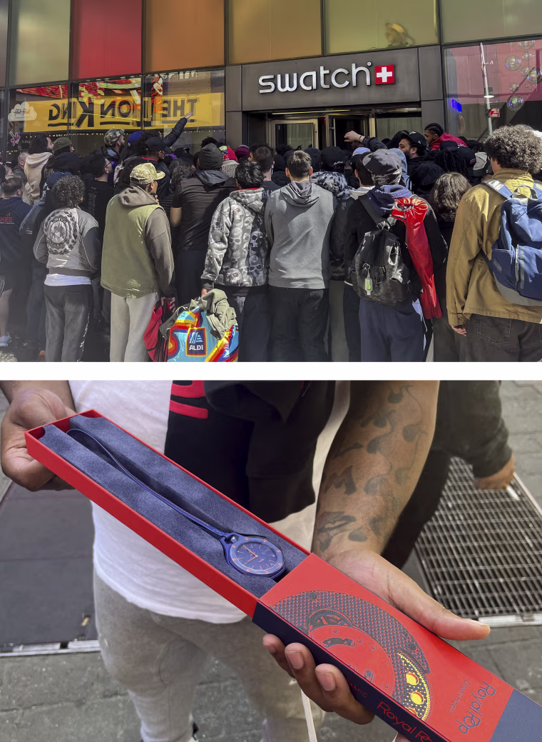 A crowd gathered outside the Swatch store at Times Square in New York for the release of Audemars Piguet x Swatch Royal Pop watches Saturday.