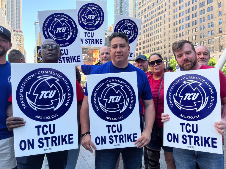 People hold picket signs on the street outside
