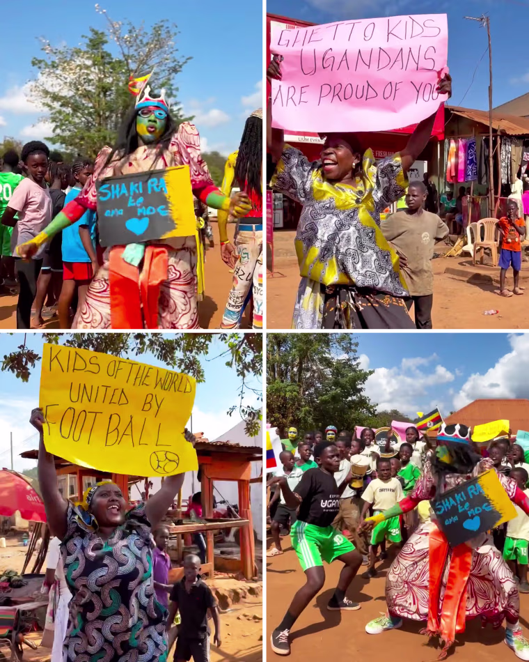 Local residents celebrate the dance group's World Cup performance news.