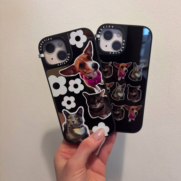 Two Casetify Impact Cases with pets’ pictures on it, made in Casetify’s Custom Sticker Studio.