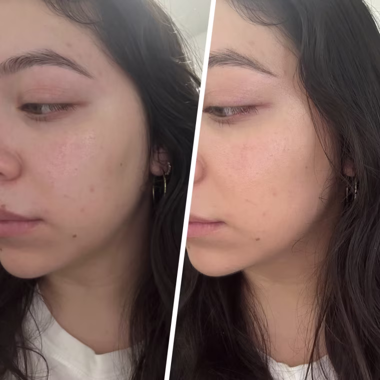 Colorscience Sunforgettable Total Protection Face Shield Flex SPF 50 before (left) and after (right) applicaton.