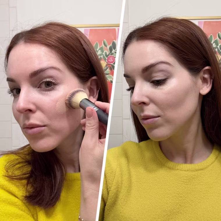 Applying It Cosmetics Do It All Sheer Tint Face Balm (left) and after (right).