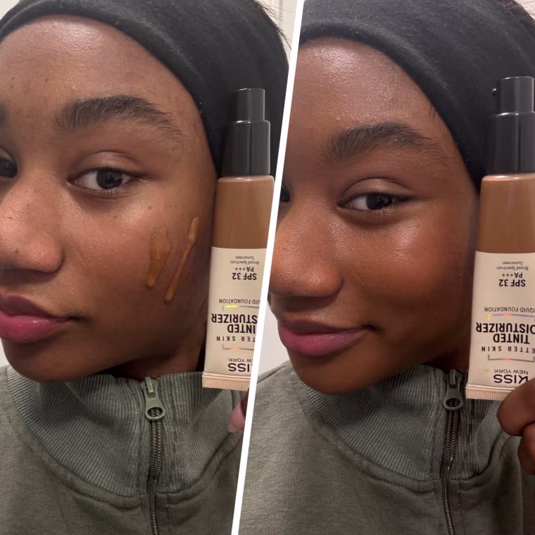Kiss New York Hydrating Tinted Moisturizer SPF 32 before and after application.