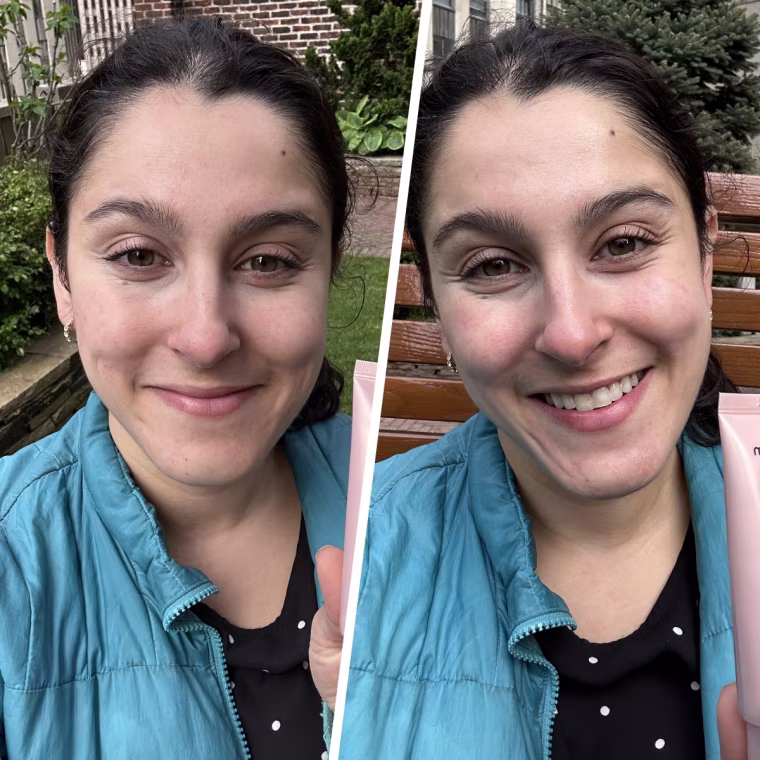 Medicube No Cast Just Glow Collagen Sunscreen before (left) and after (right) application.