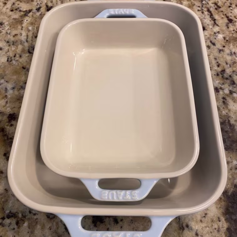 Staub bakeware on a kitchen counter