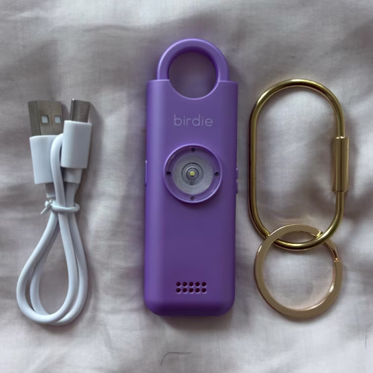 The Birdie USB-C charging cord, the Birdie alarm device and the gold keyring side by side on a pink bedspread.