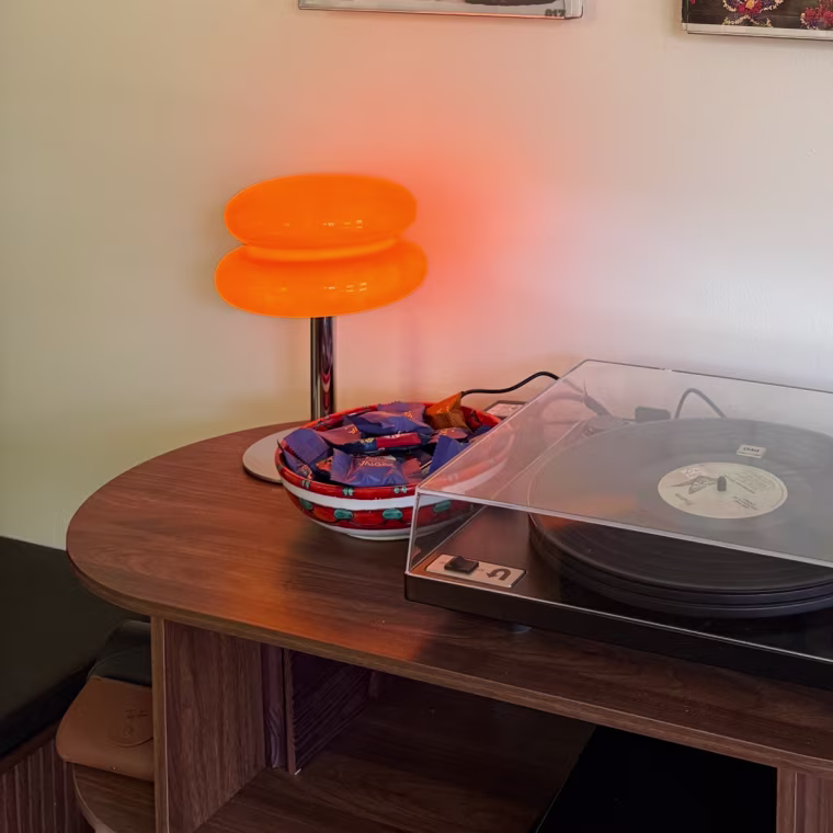 Senior editor Julie Ricevuto adds some ambiance to her space with the Glivpny Mushroom Table Lamp.