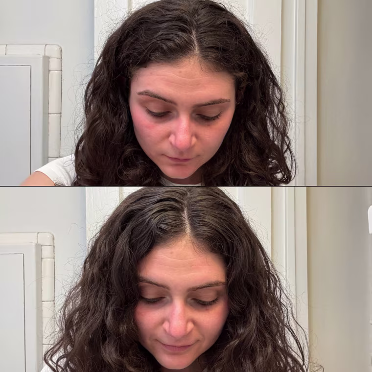 Woman before and after applying the Narka mascara wand.