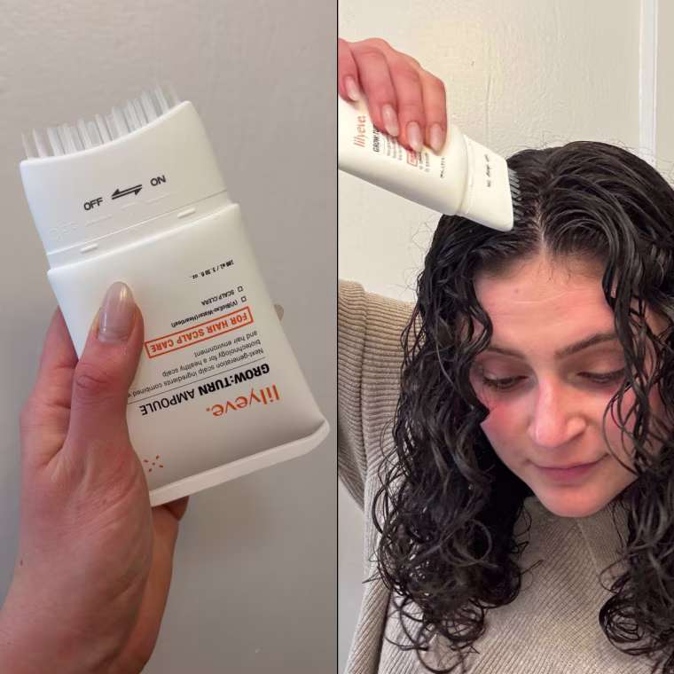 Photo of the Lilyeve Ampoule being held against a white wall. Photo of a woman applying the Lilyeve Ampoule to the middle part of her brown, curly hair.