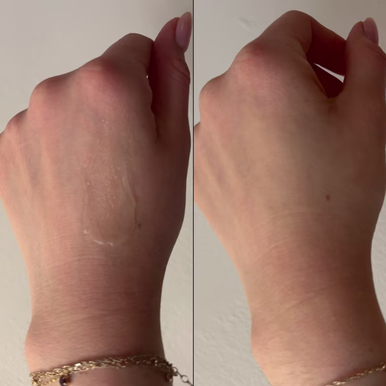 What Megababe’s Thigh Rescue Gel looks like when you apply it (left) and after it dries (right).