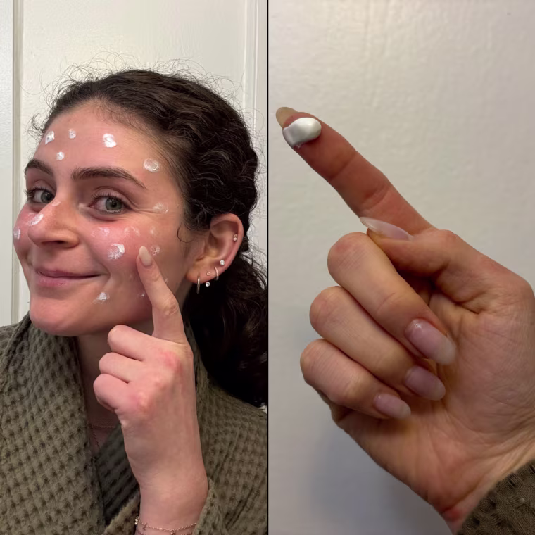 A woman applying Tretinoin cream in small dots across her face.