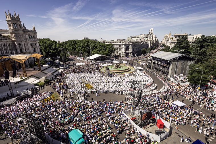 Aerial view of an outdoor mass attended by a large crowd