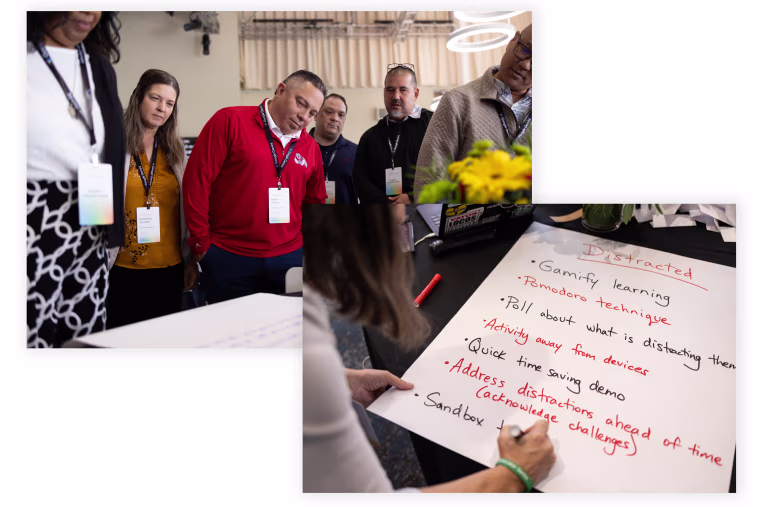 Two overlayed images, on top left, a photo of people looking down at a paper on a table, and bottom right, a hand writing a list on a large sheet of paper that reads "Distracted: gamify learning, pomodoro technique, poll about what is distracting them, activity away from devices, quick time saving demo, address distractions ahead of time (acknowledge challenges), sandbox"