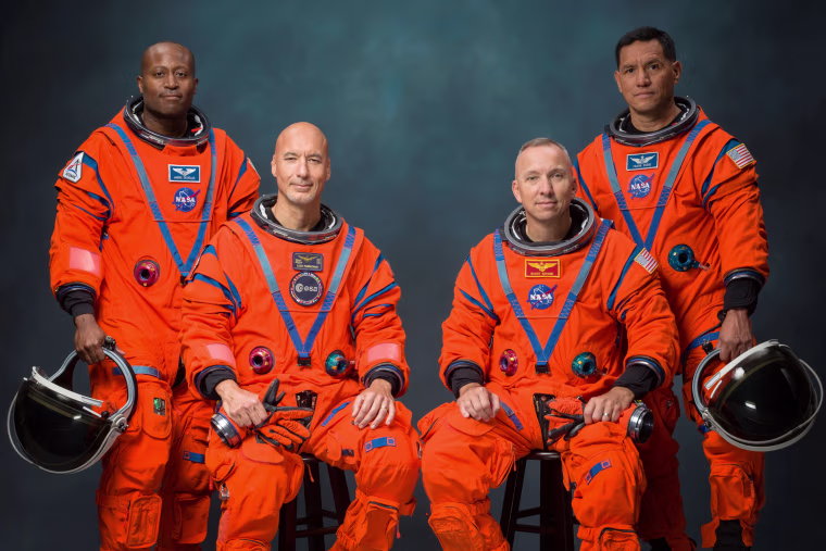 The Artemis III crew poses for an official portrait, from left, Andre Douglas, Luca Parmitano, Randy Bresnik, Frank Rubio.